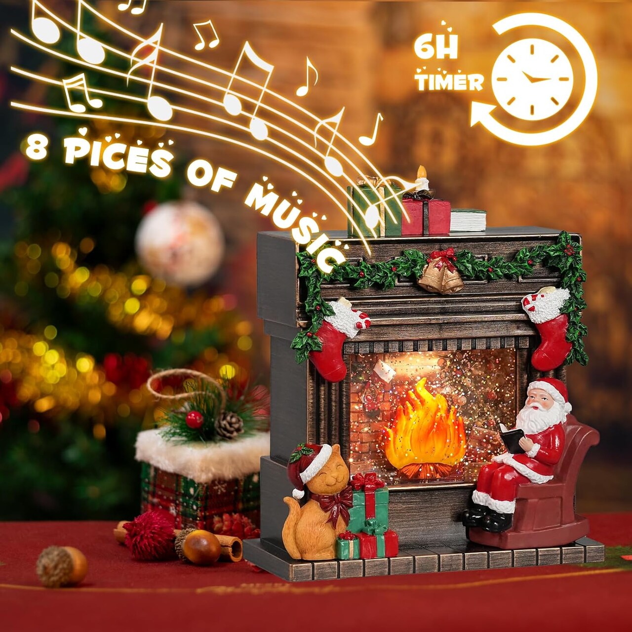 Christmas Snow Globes with 6H Timer, Lighted Musical Snow Globe Santa Claus Fireplaces Lantern with Swirling Glitter, USB & Battery Operated Spinning Glitter Snow Globe Christmas Decorations Gifts